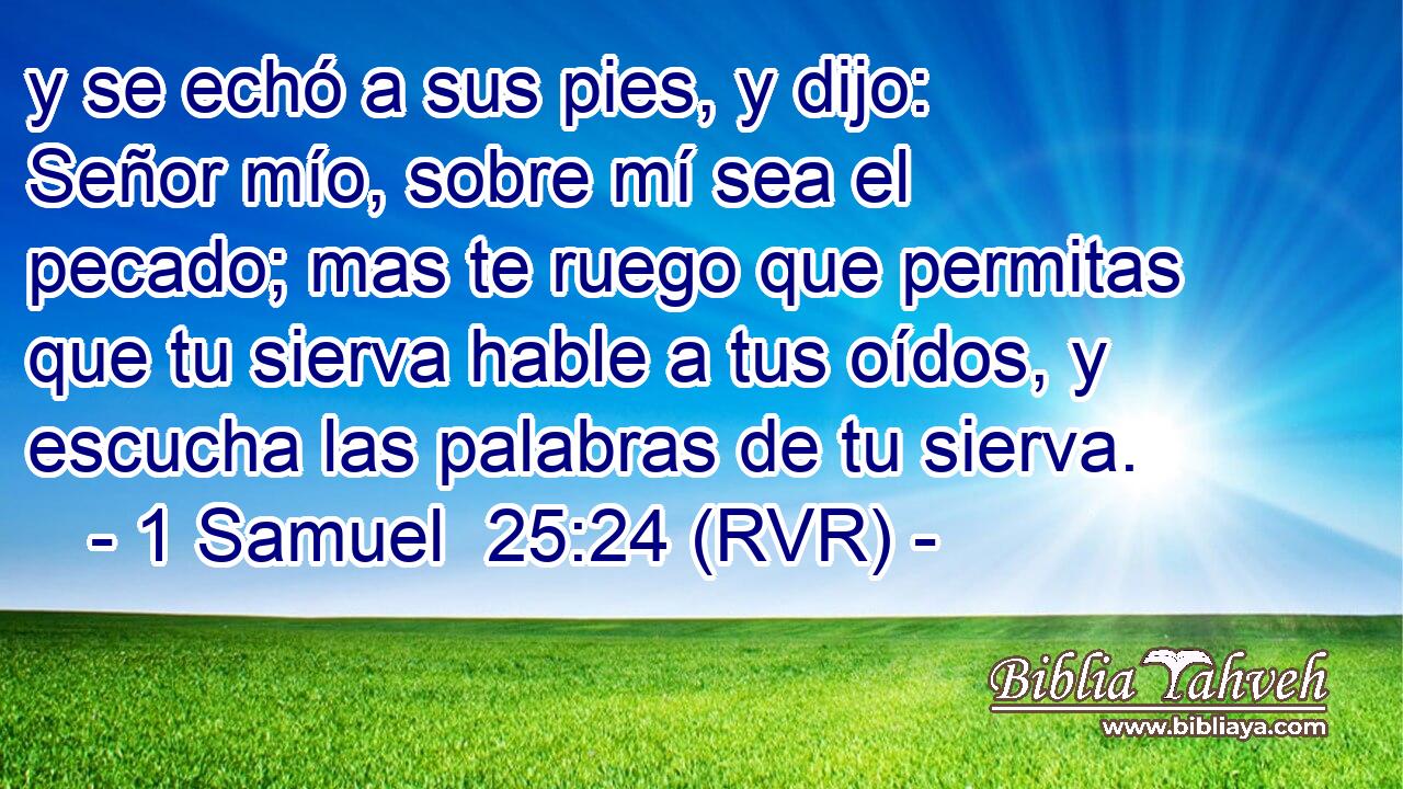 y se echó a sus pies, y dijo: Señor mío, sobre mí sea el pecado; mas te ruego que permitas que tu sierva hable a tus oídos, y escucha las palabras de tu sierva.