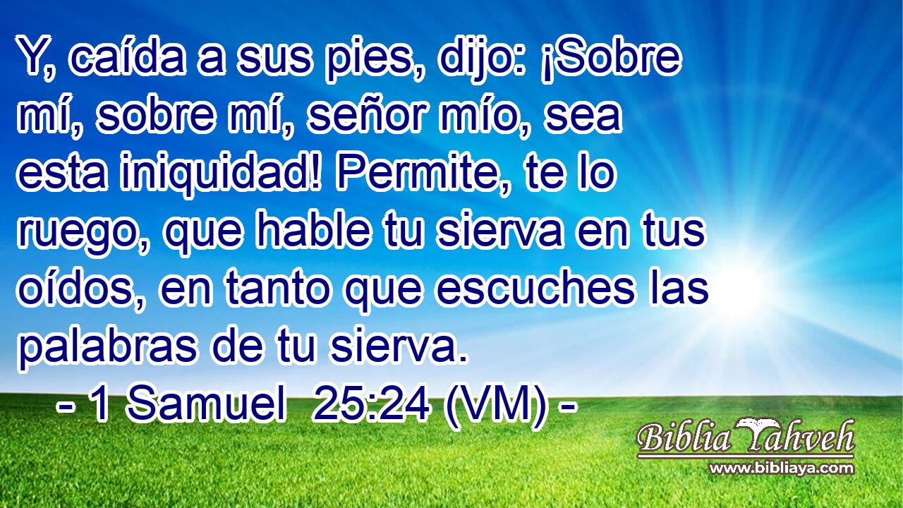  Y, caída a sus pies, dijo: ¡Sobre mí, sobre mí, señor mío, sea esta iniquidad! Permite, te lo ruego, que hable tu sierva en tus oídos, en tanto que escuches las palabras de tu sierva. 