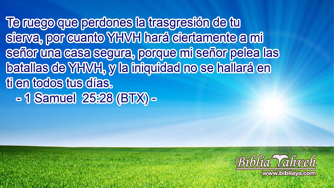 Te ruego que perdones la trasgresión de tu sierva, por cuanto YHVH hará ciertamente a mi señor una casa segura, porque mi señor pelea las batallas de YHVH, y la iniquidad no se hallará en ti en todos tus días.