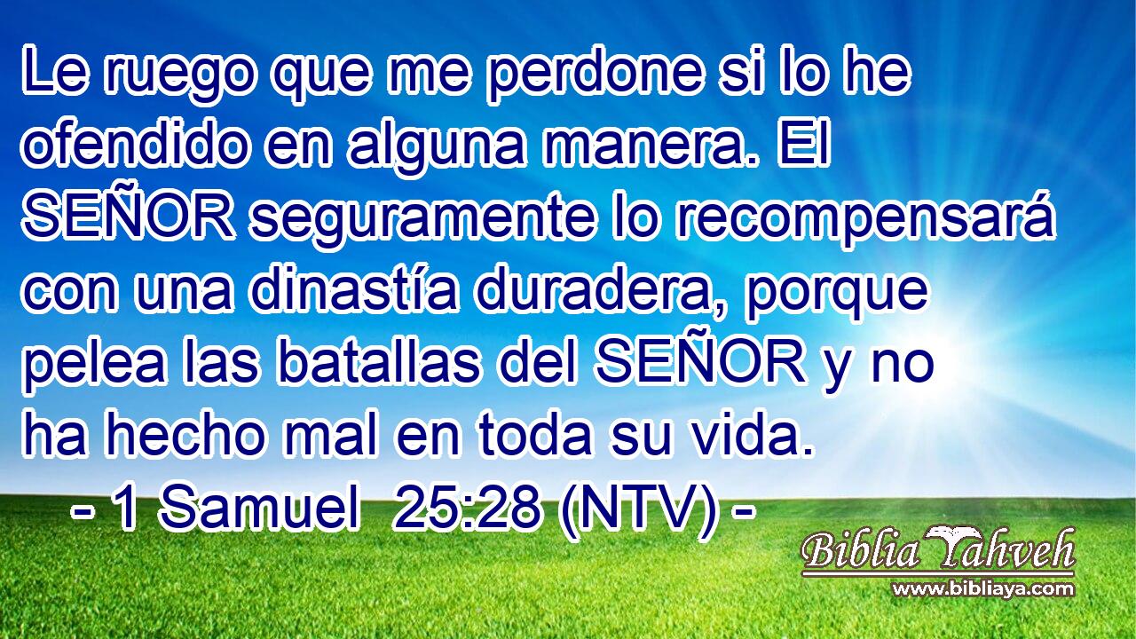 Le ruego que me perdone si lo he ofendido en alguna manera. El SEÑOR seguramente lo recompensará con una dinastía duradera, porque pelea las batallas del SEÑOR y no ha hecho mal en toda su vida.