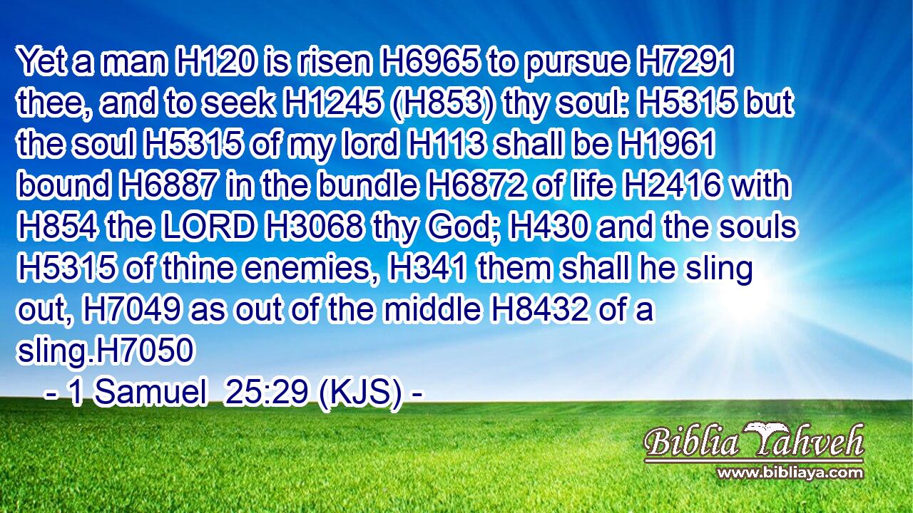 Yet a man H120 is risen H6965 to pursue H7291 thee, and to seek H1245 (H853) thy soul: H5315 but the soul H5315 of my lord H113 shall be H1961 bound H6887 in the bundle H6872 of life H2416 with H854 the LORD H3068 thy God; H430 and the souls H5315 of thine enemies, H341 them shall he sling out, H7049 as out of the middle H8432 of a sling.H7050