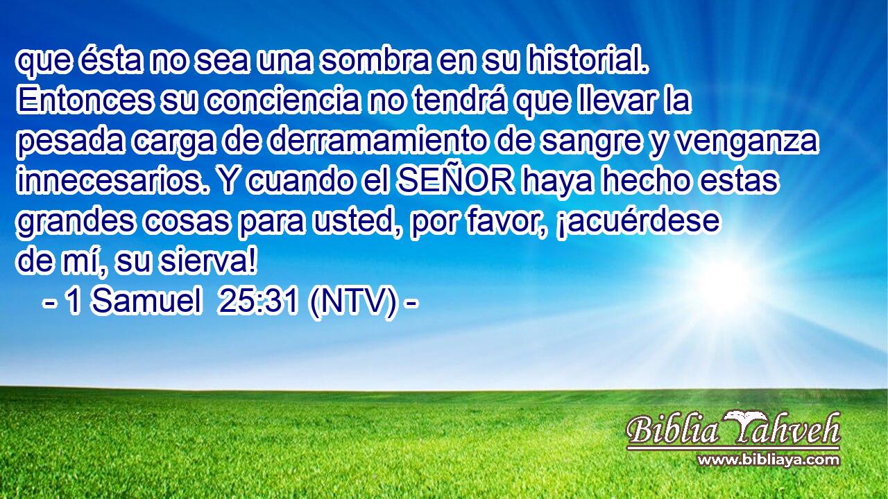 que ésta no sea una sombra en su historial. Entonces su conciencia no tendrá que llevar la pesada carga de derramamiento de sangre y venganza innecesarios. Y cuando el SEÑOR haya hecho estas grandes cosas para usted, por favor, ¡acuérdese de mí, su sierva!
