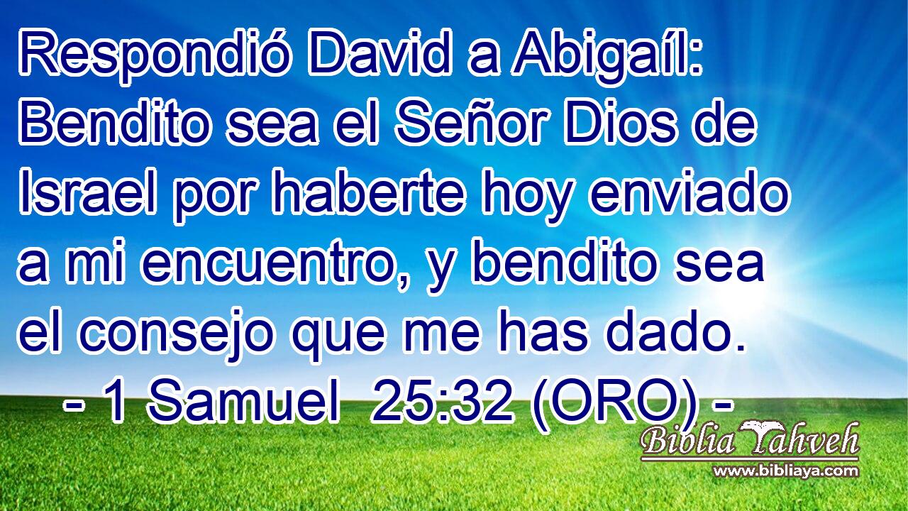  Respondió David a Abigaíl: Bendito sea el Señor Dios de Israel por haberte hoy enviado a mi encuentro, y bendito sea el consejo que me has dado. 