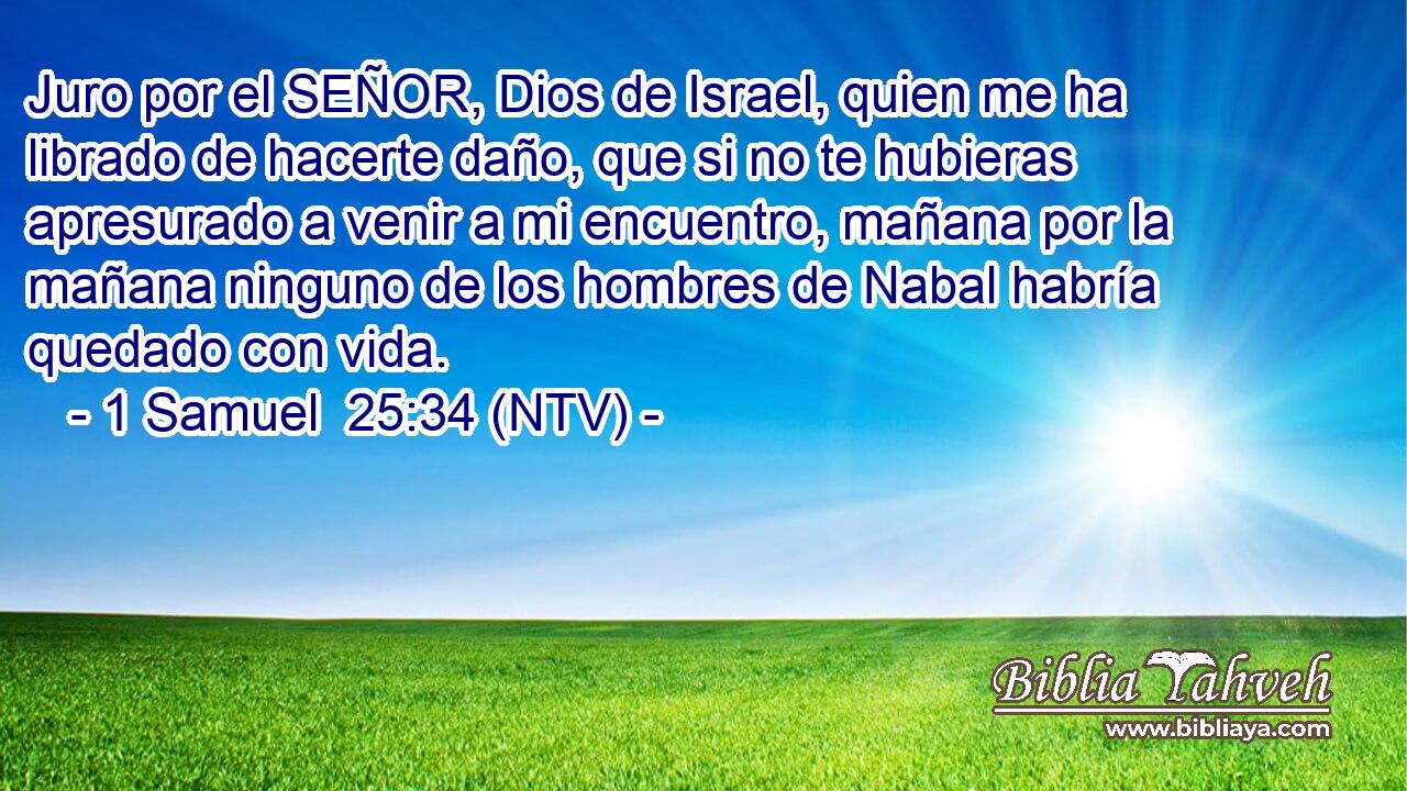 Juro por el SEÑOR, Dios de Israel, quien me ha librado de hacerte daño, que si no te hubieras apresurado a venir a mi encuentro, mañana por la mañana ninguno de los hombres de Nabal habría quedado con vida.