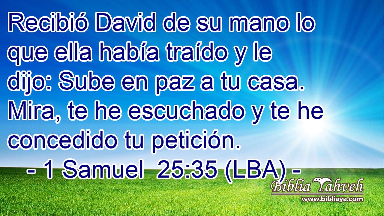 Recibió David de su mano lo que ella había traído y le dijo: Sube en paz a tu casa. Mira, te he escuchado y te he concedido tu petición.