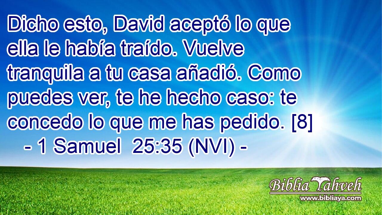  Dicho esto, David aceptó lo que ella le había traído. Vuelve tranquila a tu casa añadió. Como puedes ver, te he hecho caso: te concedo lo que me has pedido. [8] 