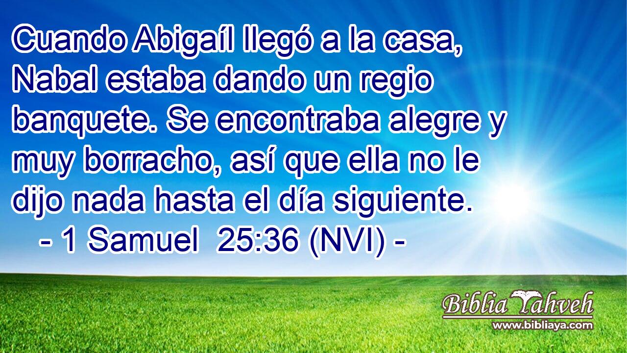  Cuando Abigaíl llegó a la casa, Nabal estaba dando un regio banquete. Se encontraba alegre y muy borracho, así que ella no le dijo nada hasta el día siguiente. 