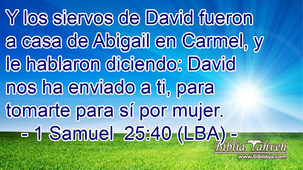 Y los siervos de David fueron a casa de Abigail en Carmel, y le hablaron diciendo: David nos ha enviado a ti, para tomarte para sí por mujer.