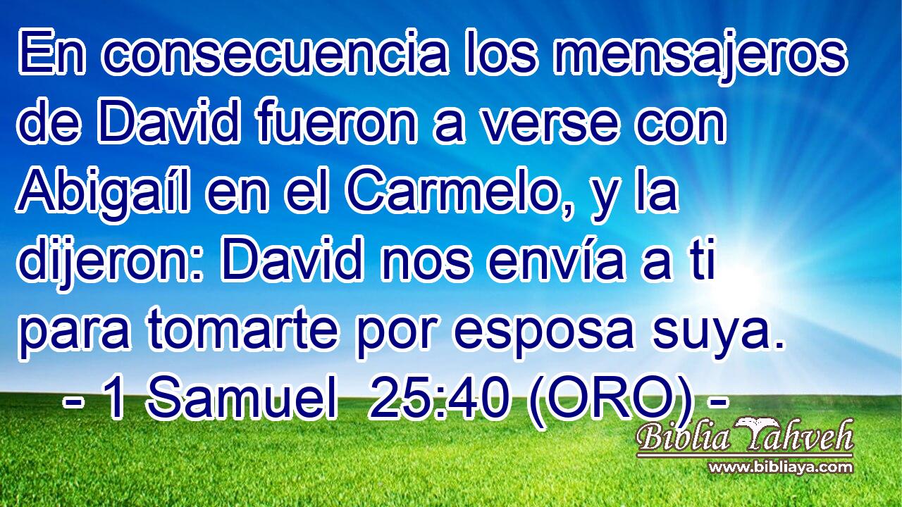  En consecuencia los mensajeros de David fueron a verse con Abigaíl en el Carmelo, y la dijeron: David nos envía a ti para tomarte por esposa suya. 