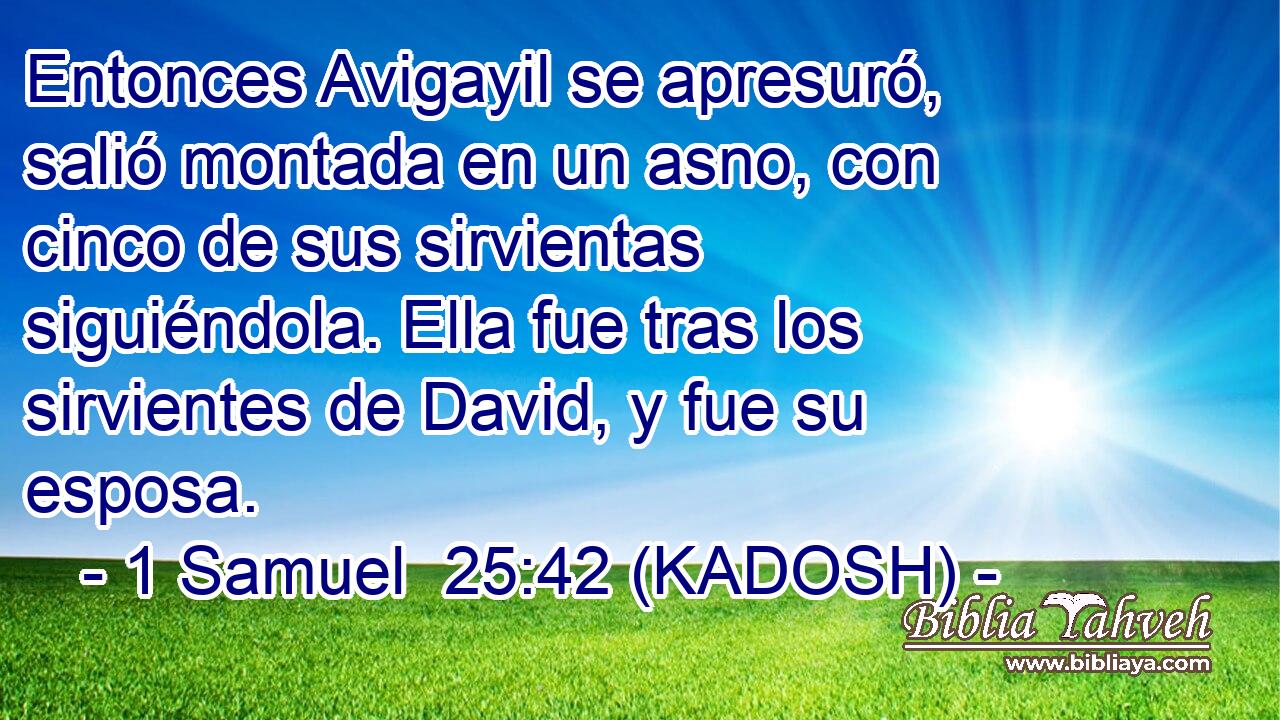  Entonces Avigayil se apresuró, salió montada en un asno, con cinco de sus sirvientas siguiéndola. Ella fue tras los sirvientes de David, y fue su esposa. 