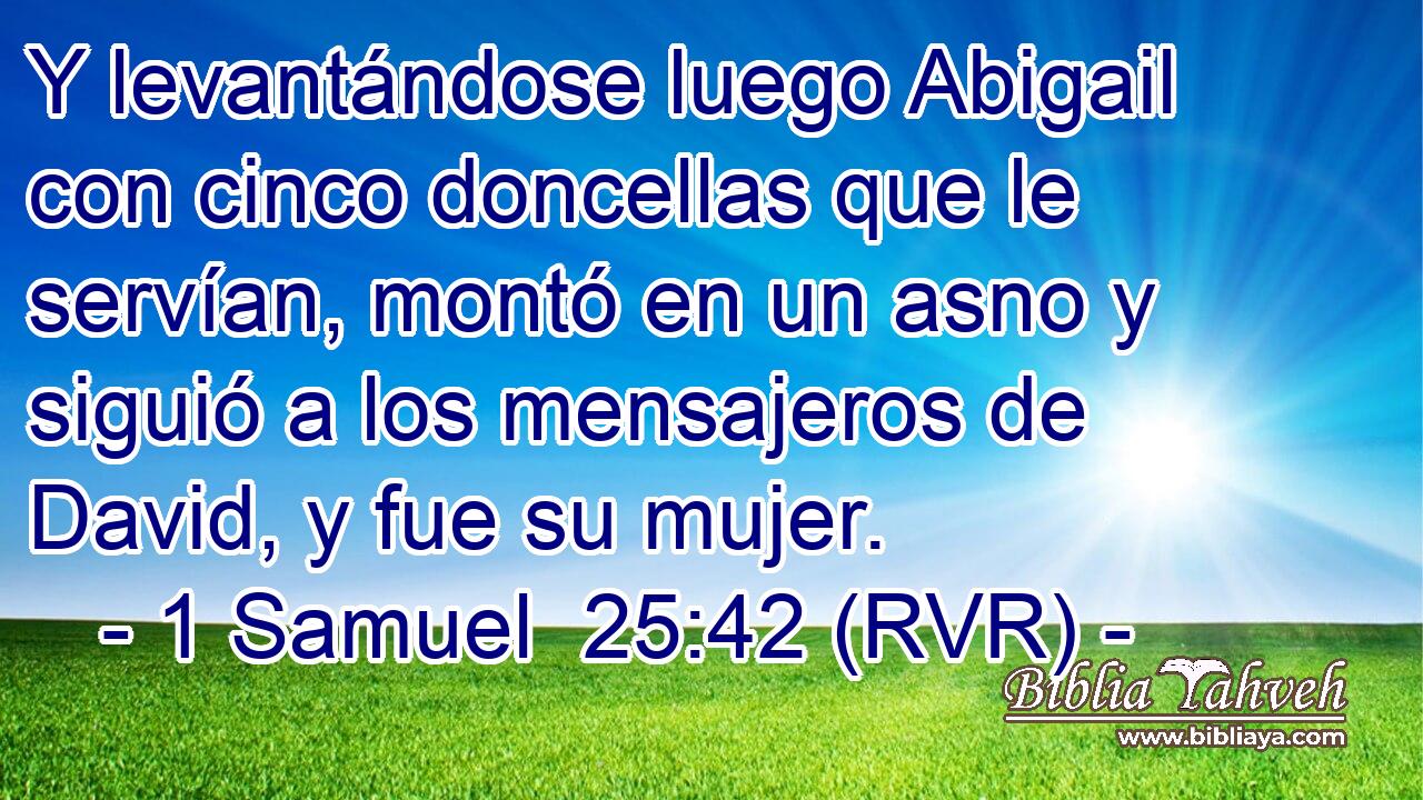 Y levantándose luego Abigail con cinco doncellas que le servían, montó en un asno y siguió a los mensajeros de David, y fue su mujer.