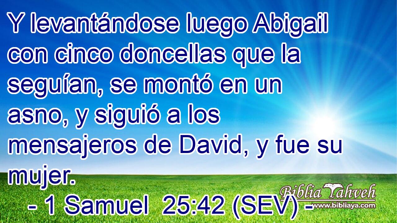 Y levantándose luego Abigail con cinco doncellas que la seguían, se montó en un asno, y siguió a los mensajeros de David, y fue su mujer.