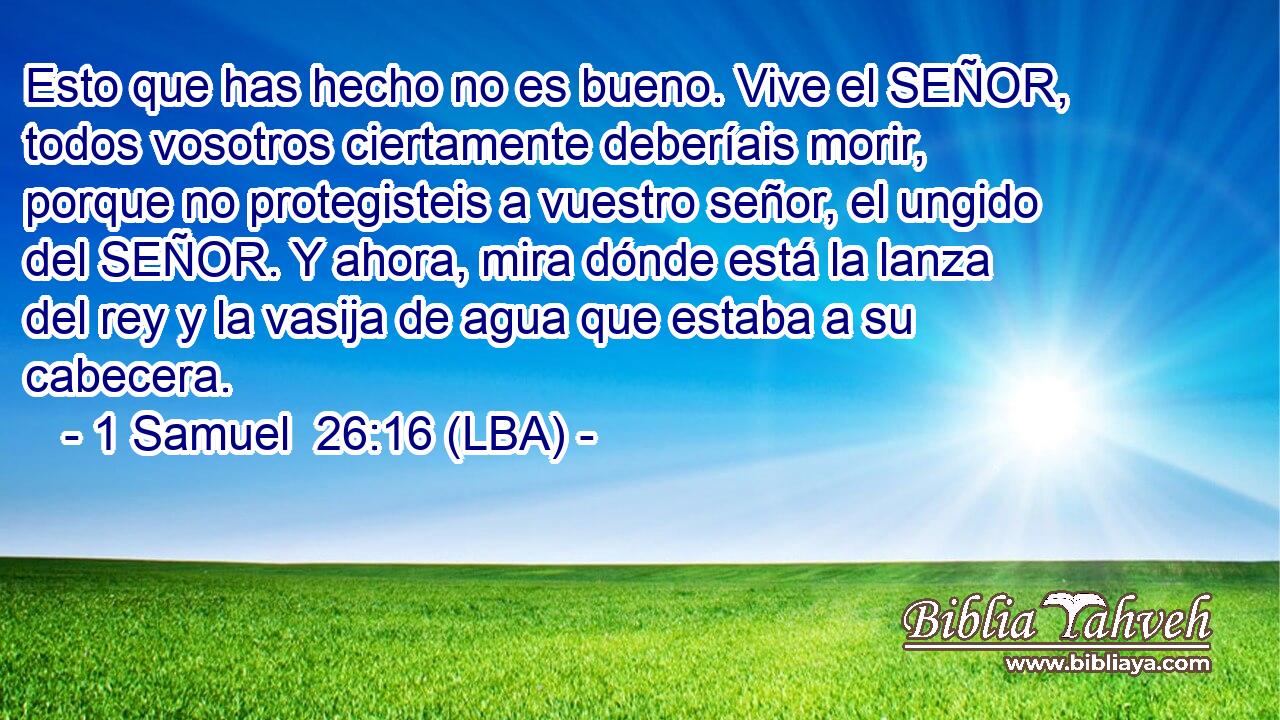 Esto que has hecho no es bueno. Vive el SEÑOR, todos vosotros ciertamente deberíais morir, porque no protegisteis a vuestro señor, el ungido del SEÑOR. Y ahora, mira dónde está la lanza del rey y la vasija de agua que estaba a su cabecera.