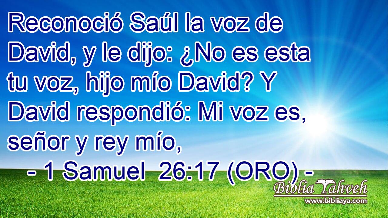  Reconoció Saúl la voz de David, y le dijo: ¿No es esta tu voz, hijo mío David? Y David respondió: Mi voz es, señor y rey mío, 