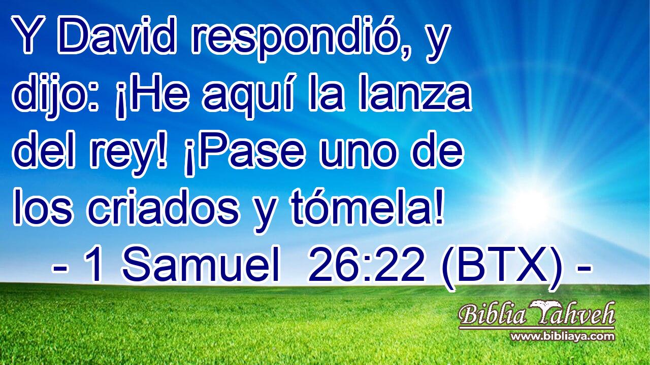 Y David respondió, y dijo: ¡He aquí la lanza del rey! ¡Pase uno de los criados y tómela!