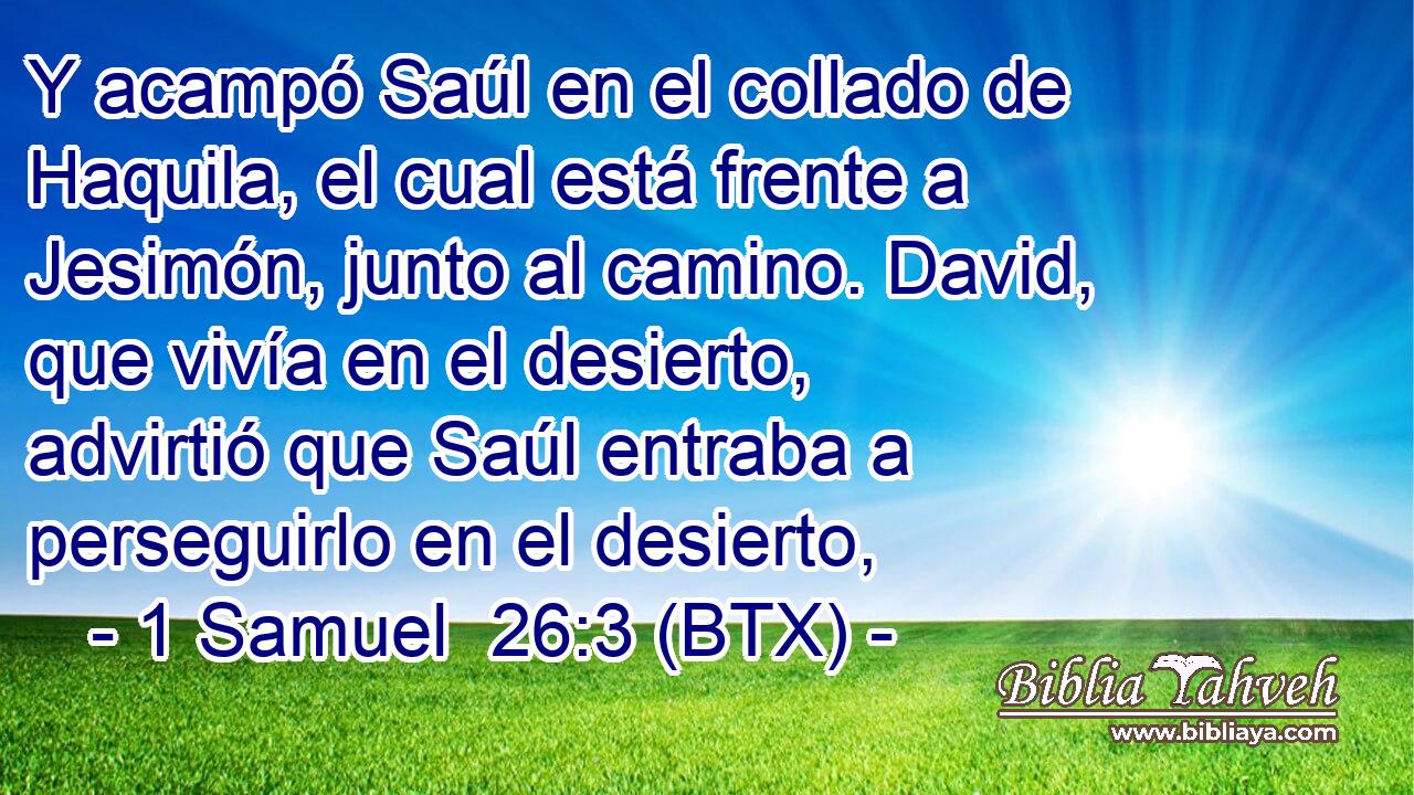 Y acampó Saúl en el collado de Haquila, el cual está frente a Jesimón, junto al camino. David, que vivía en el desierto, advirtió que Saúl entraba a perseguirlo en el desierto,