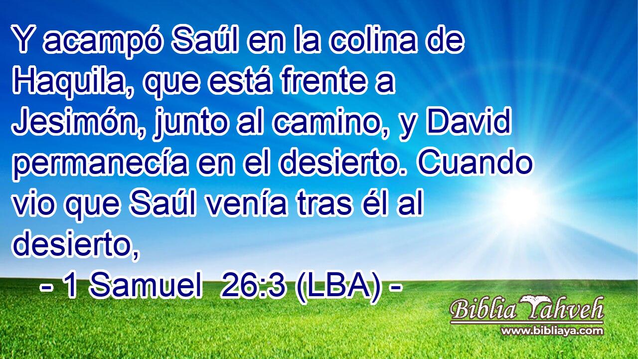 Y acampó Saúl en la colina de Haquila, que está frente a Jesimón, junto al camino, y David permanecía en el desierto. Cuando vio que Saúl venía tras él al desierto,