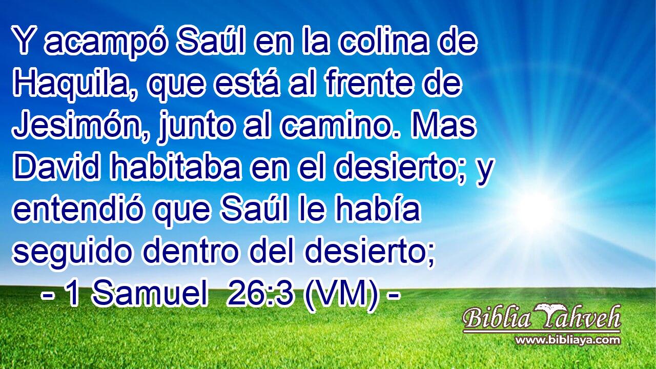  Y acampó Saúl en la colina de Haquila, que está al frente de Jesimón, junto al camino. Mas David habitaba en el desierto; y entendió que Saúl le había seguido dentro del desierto; 
