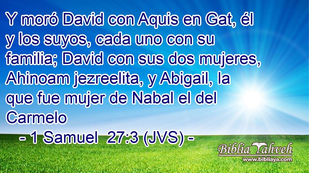 Y moró David con Aquis en Gat, él y los suyos, cada uno con su familia; David con sus dos mujeres, Ahinoam jezreelita, y Abigail, la que fue mujer de Nabal el del Carmelo