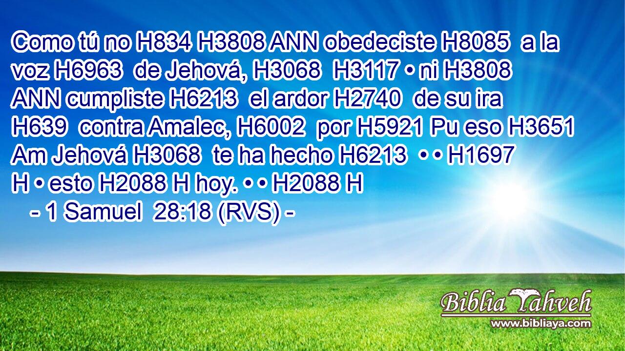 Como tú no H834 H3808 ANN obedeciste H8085  a la voz H6963  de Jehová, H3068  H3117 • ni H3808 ANN cumpliste H6213  el ardor H2740  de su ira H639  contra Amalec, H6002  por H5921 Pu eso H3651 Am Jehová H3068  te ha hecho H6213  • • H1697 H • esto H2088 H hoy. • • H2088 H 