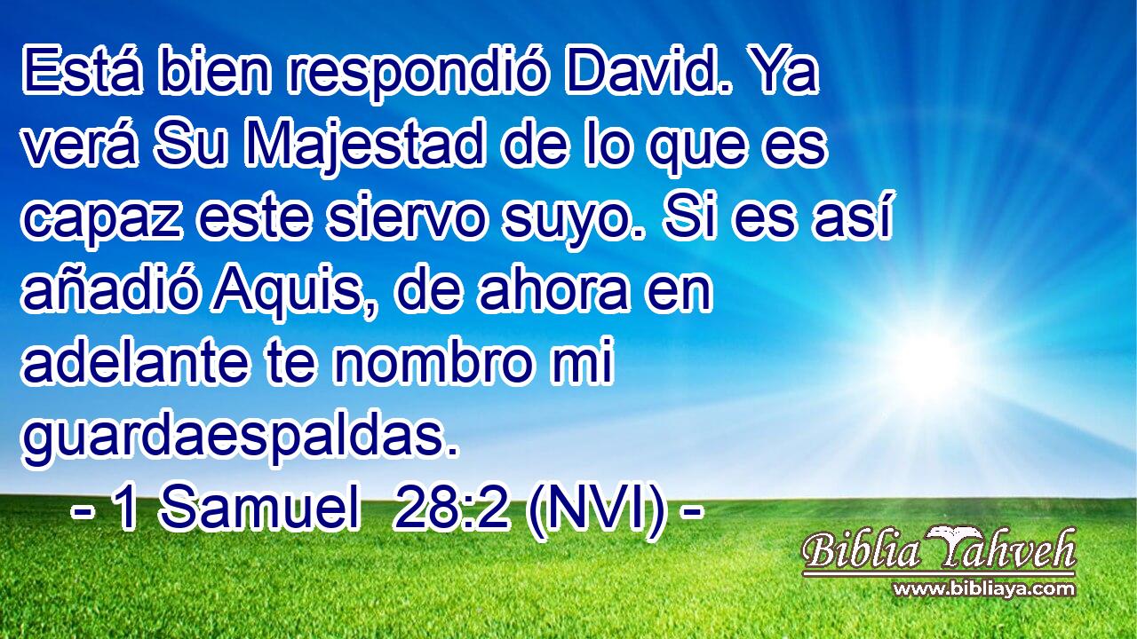  Está bien respondió David. Ya verá Su Majestad de lo que es capaz este siervo suyo. Si es así añadió Aquis, de ahora en adelante te nombro mi guardaespaldas. 