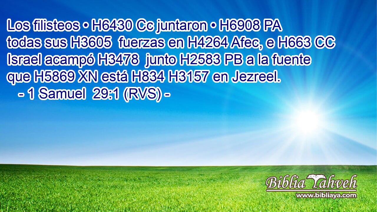 Los filisteos • H6430 Cc juntaron • H6908 PA todas sus H3605  fuerzas en H4264 Afec, e H663 CC Israel acampó H3478  junto H2583 PB a la fuente que H5869 XN está H834 H3157 en Jezreel. 