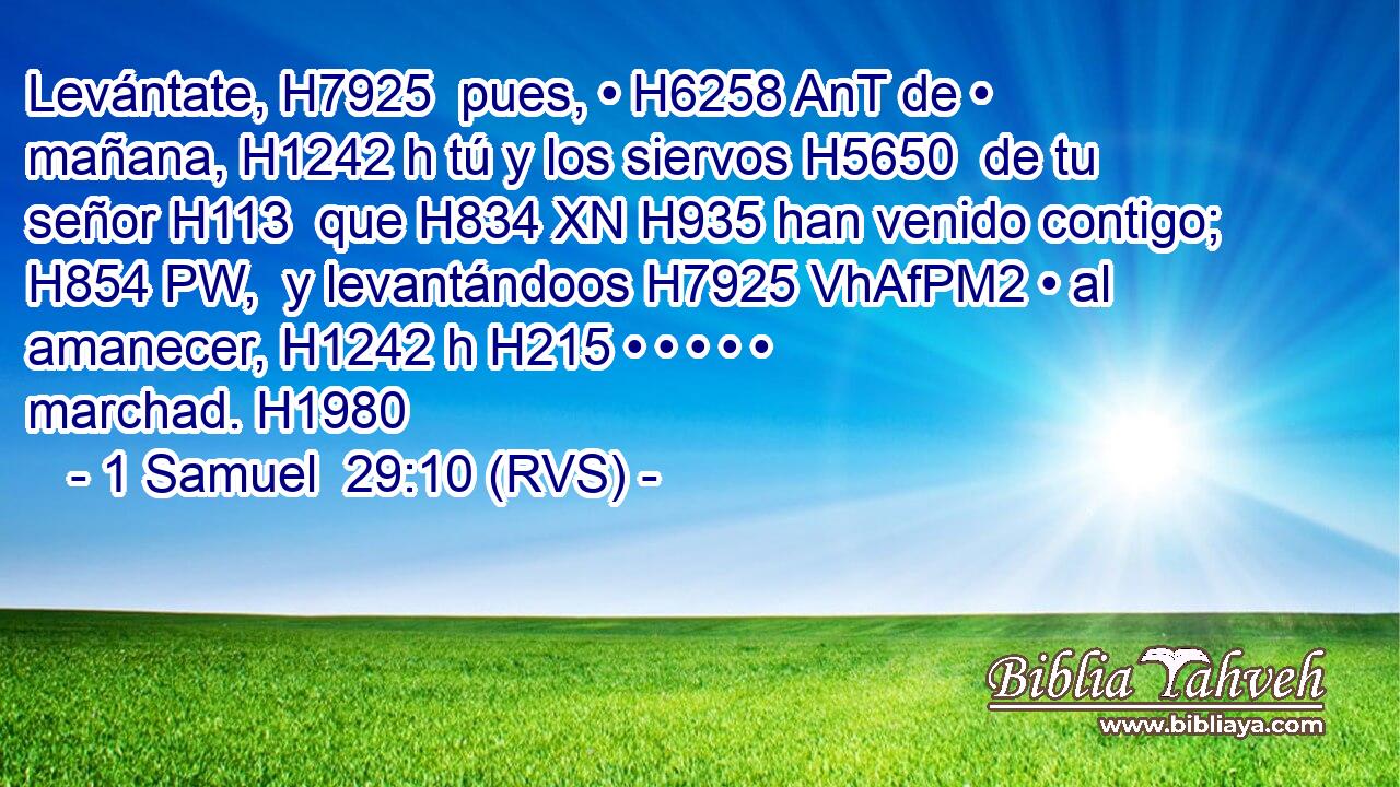 Levántate, H7925  pues, • H6258 AnT de • mañana, H1242 h tú y los siervos H5650  de tu señor H113  que H834 XN H935 han venido contigo; H854 PW,  y levantándoos H7925 VhAfPM2 • al amanecer, H1242 h H215 • • • • • marchad. H1980  