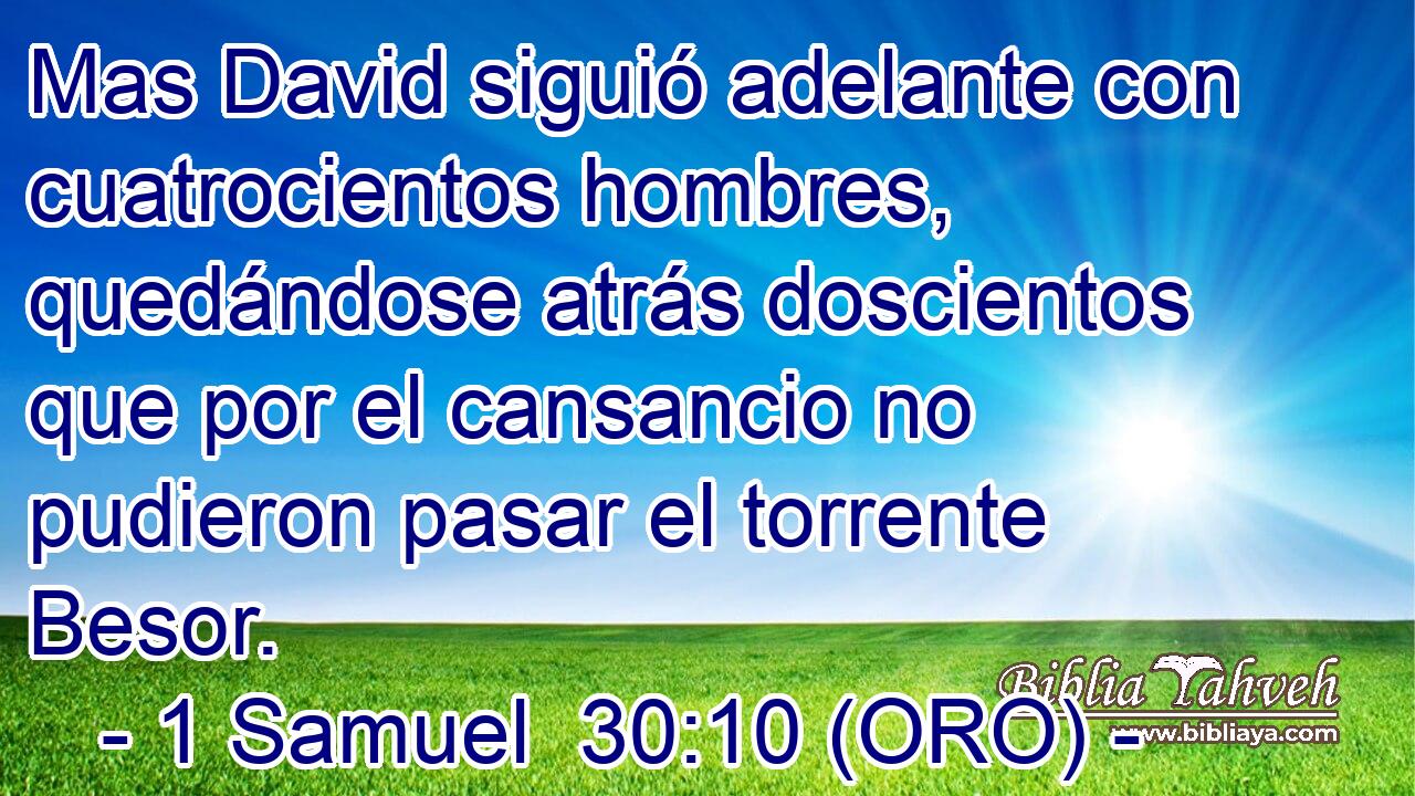  Mas David siguió adelante con cuatrocientos hombres, quedándose atrás doscientos que por el cansancio no pudieron pasar el torrente Besor. 