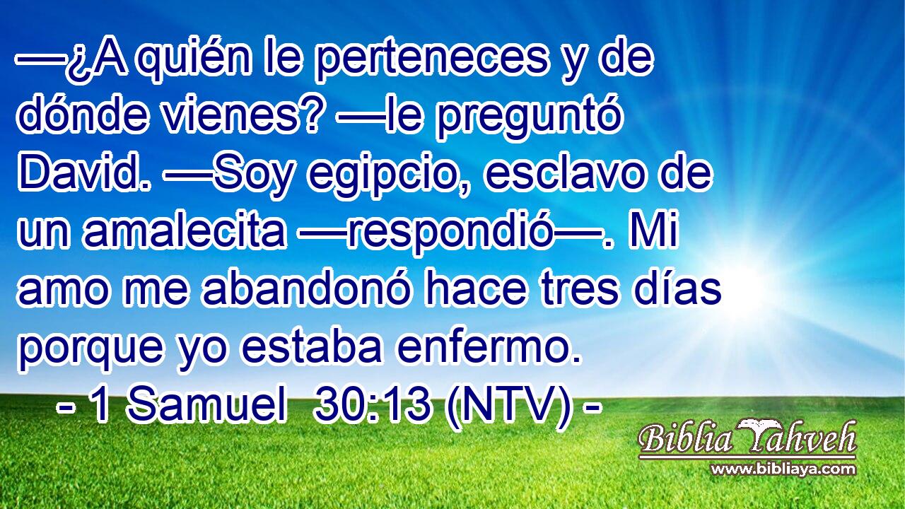 —¿A quién le perteneces y de dónde vienes? —le preguntó David. —Soy egipcio, esclavo de un amalecita —respondió—. Mi amo me abandonó hace tres días porque yo estaba enfermo.