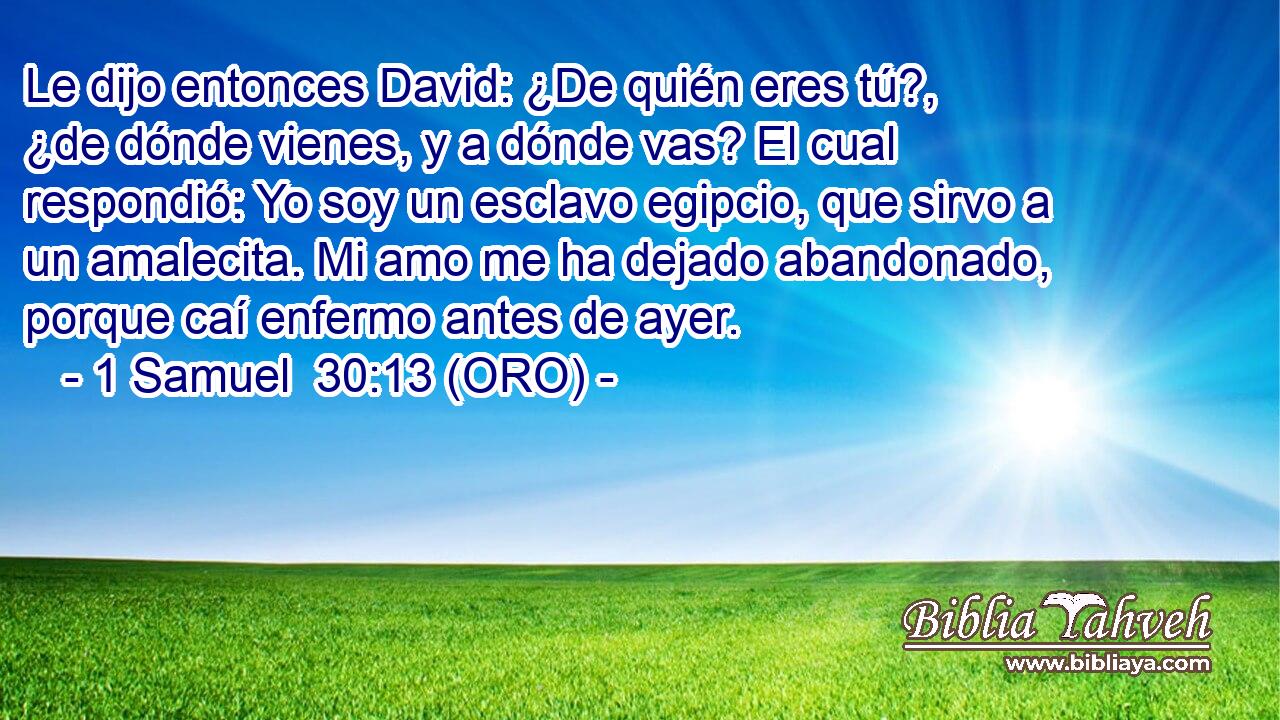 Le dijo entonces David: ¿De quién eres tú?, ¿de dónde vienes, y a dónde vas? El cual respondió: Yo soy un esclavo egipcio, que sirvo a un amalecita. Mi amo me ha dejado abandonado, porque caí enfermo antes de ayer. 