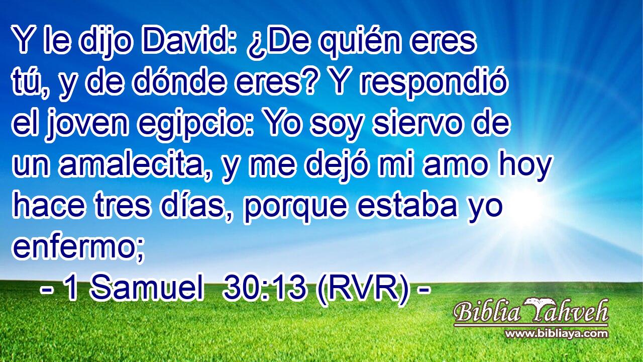 Y le dijo David: ¿De quién eres tú, y de dónde eres? Y respondió el joven egipcio: Yo soy siervo de un amalecita, y me dejó mi amo hoy hace tres días, porque estaba yo enfermo;