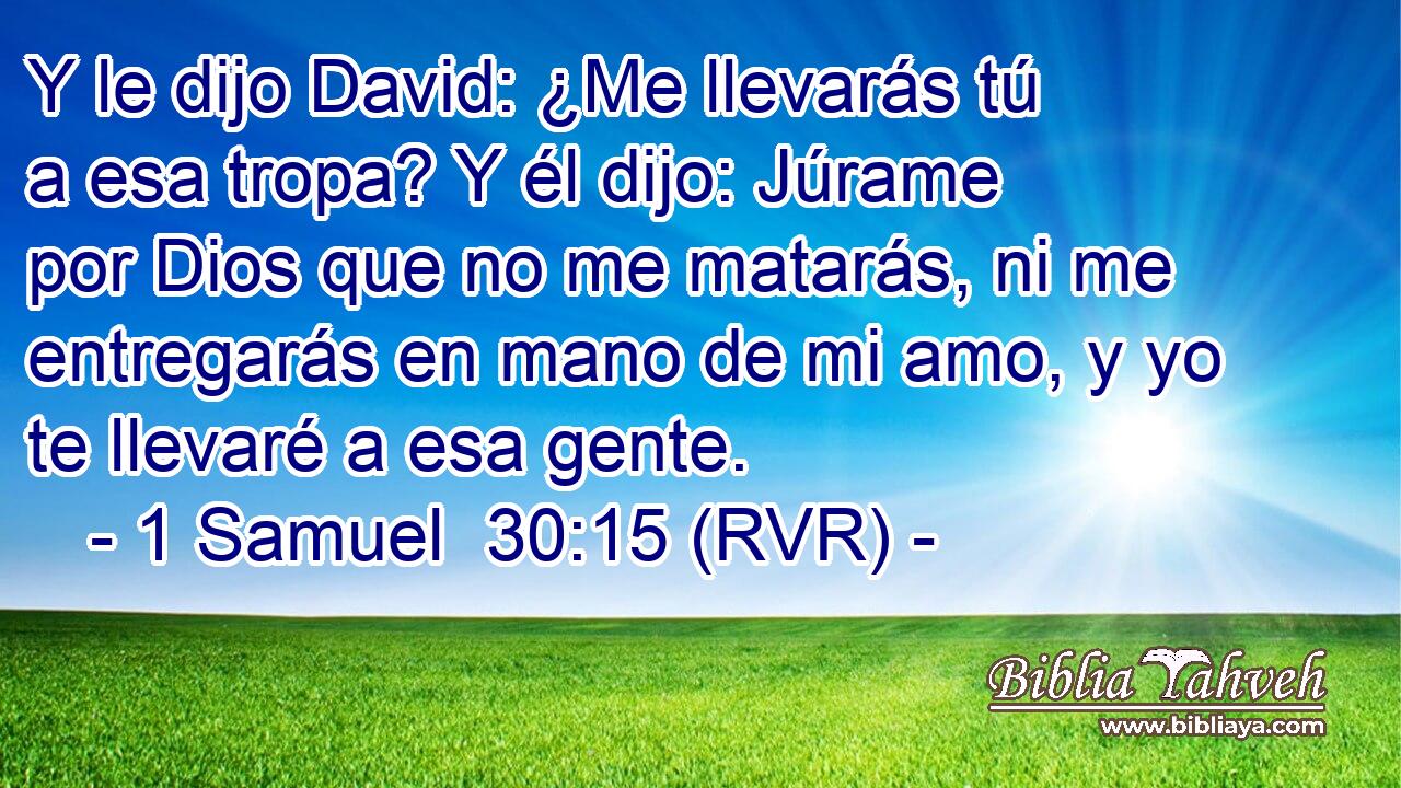 Y le dijo David: ¿Me llevarás tú a esa tropa? Y él dijo: Júrame por Dios que no me matarás, ni me entregarás en mano de mi amo, y yo te llevaré a esa gente.