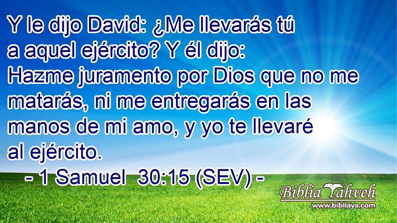 Y le dijo David: ¿Me llevarás tú a aquel ejército? Y él dijo: Hazme juramento por Dios que no me matarás, ni me entregarás en las manos de mi amo, y yo te llevaré al ejército.