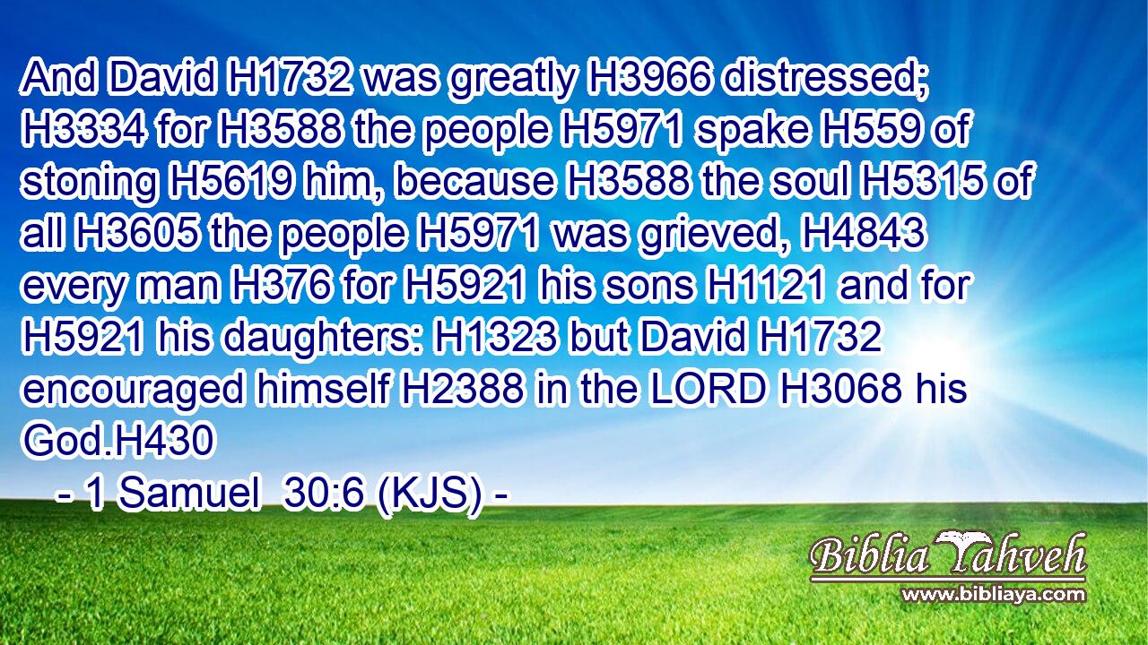 And David H1732 was greatly H3966 distressed; H3334 for H3588 the people H5971 spake H559 of stoning H5619 him, because H3588 the soul H5315 of all H3605 the people H5971 was grieved, H4843 every man H376 for H5921 his sons H1121 and for H5921 his daughters: H1323 but David H1732 encouraged himself H2388 in the LORD H3068 his God.H430