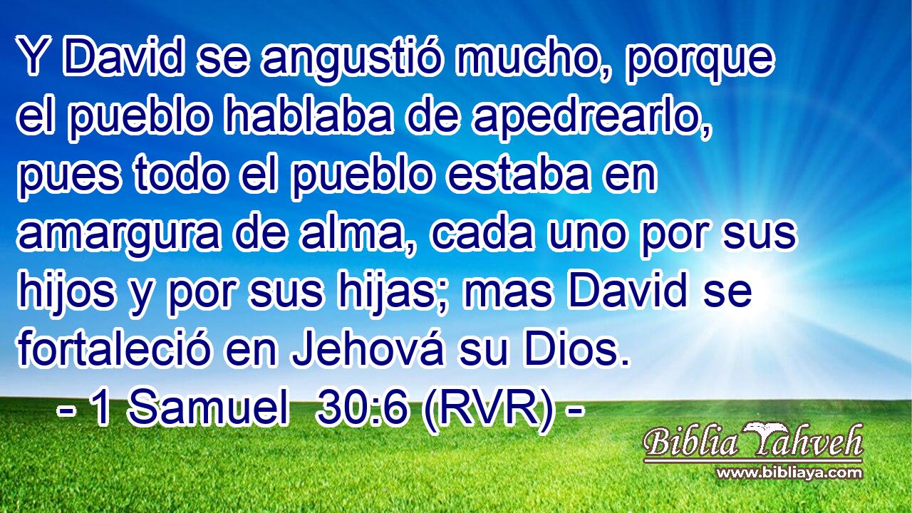 Y David se angustió mucho, porque el pueblo hablaba de apedrearlo, pues todo el pueblo estaba en amargura de alma, cada uno por sus hijos y por sus hijas; mas David se fortaleció en Jehová su Dios.