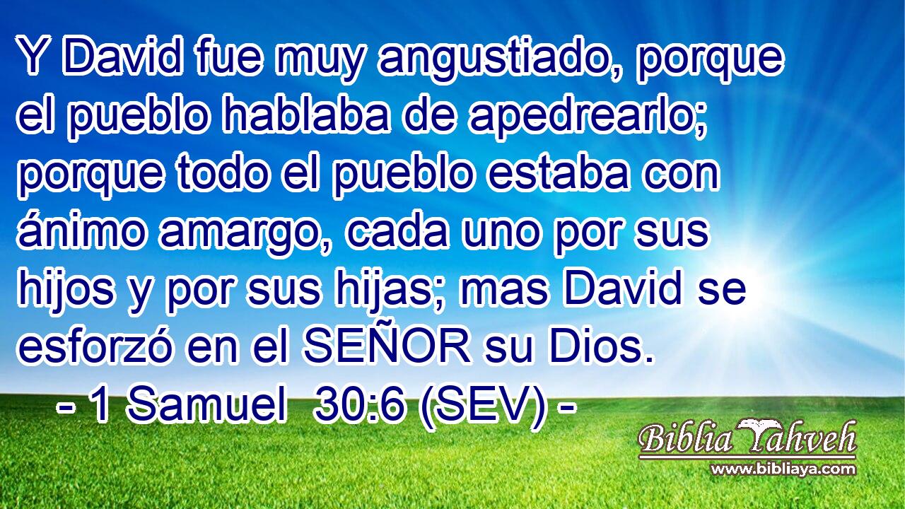 Y David fue muy angustiado, porque el pueblo hablaba de apedrearlo; porque todo el pueblo estaba con ánimo amargo, cada uno por sus hijos y por sus hijas; mas David se esforzó en el SEÑOR su Dios.