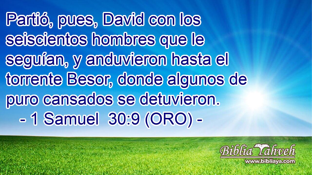  Partió, pues, David con los seiscientos hombres que le seguían, y anduvieron hasta el torrente Besor, donde algunos de puro cansados se detuvieron. 