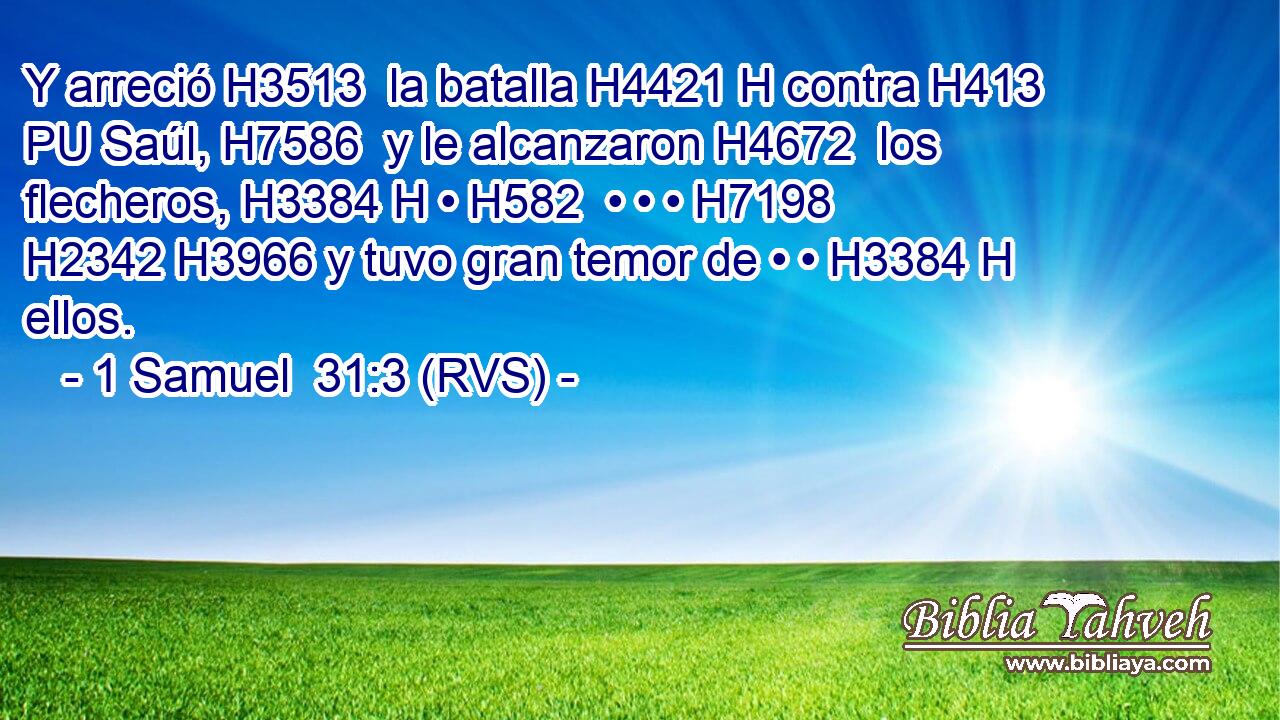 Y arreció H3513  la batalla H4421 H contra H413 PU Saúl, H7586  y le alcanzaron H4672  los flecheros, H3384 H • H582  • • • H7198  H2342 H3966 y tuvo gran temor de • • H3384 H ellos. 