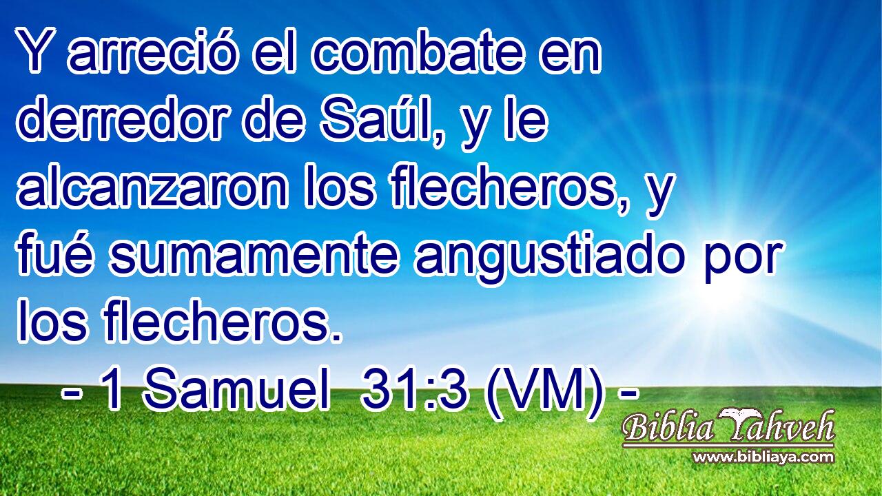  Y arreció el combate en derredor de Saúl, y le alcanzaron los flecheros, y fué sumamente angustiado por los flecheros. 