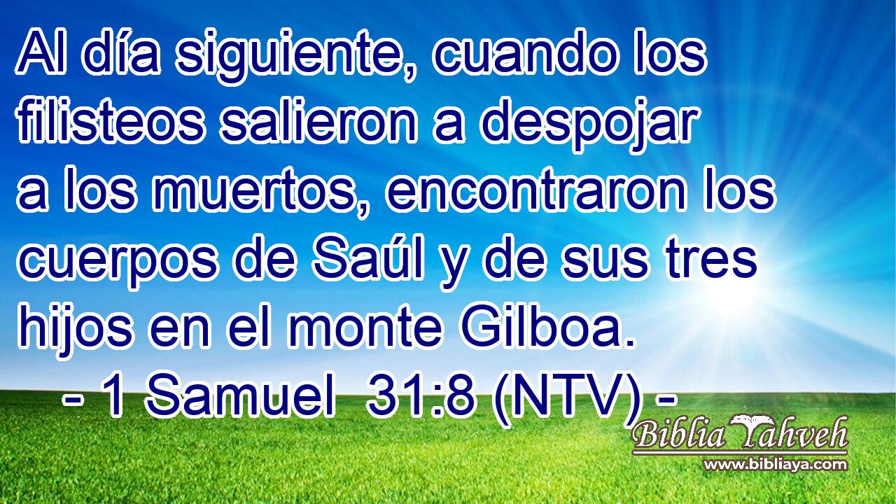 Al día siguiente, cuando los filisteos salieron a despojar a los muertos, encontraron los cuerpos de Saúl y de sus tres hijos en el monte Gilboa.