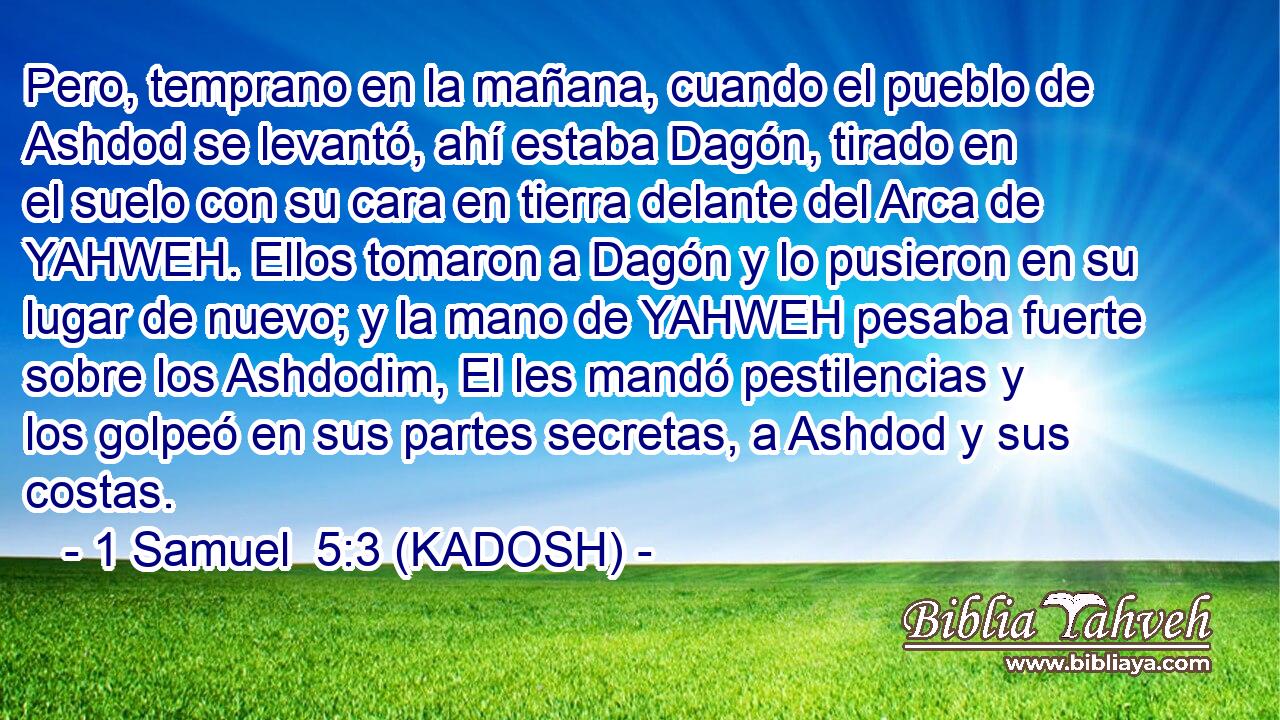  Pero, temprano en la mañana, cuando el pueblo de Ashdod se levantó, ahí estaba Dagón, tirado en el suelo con su cara en tierra delante del Arca de YAHWEH. Ellos tomaron a Dagón y lo pusieron en su lugar de nuevo; y la mano de YAHWEH pesaba fuerte sobre los Ashdodim, El les mandó pestilencias y los golpeó en sus partes secretas, a Ashdod y sus costas. 