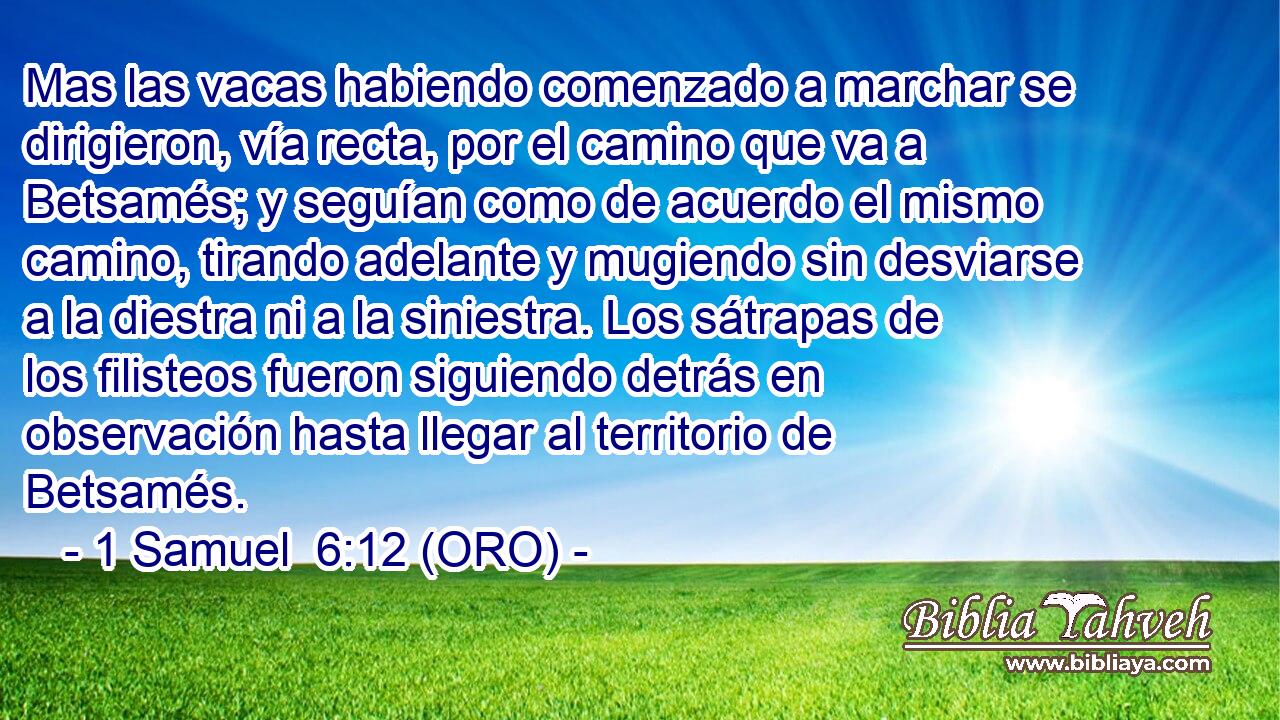  Mas las vacas habiendo comenzado a marchar se dirigieron, vía recta, por el camino que va a Betsamés; y seguían como de acuerdo el mismo camino, tirando adelante y mugiendo sin desviarse a la diestra ni a la siniestra. Los sátrapas de los filisteos fueron siguiendo detrás en observación hasta llegar al territorio de Betsamés. 