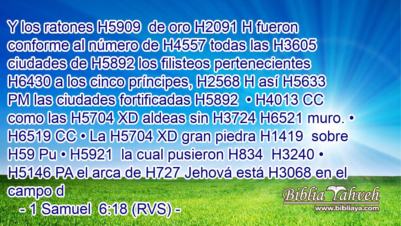 Y los ratones H5909  de oro H2091 H fueron conforme al número de H4557 todas las H3605 ciudades de H5892 los filisteos pertenecientes H6430 a los cinco príncipes, H2568 H así H5633 PM las ciudades fortificadas H5892  • H4013 CC como las H5704 XD aldeas sin H3724 H6521 muro. • H6519 CC • La H5704 XD gran piedra H1419  sobre H59 Pu • H5921  la cual pusieron H834  H3240 • H5146 PA el arca de H727 Jehová está H3068 en el campo d