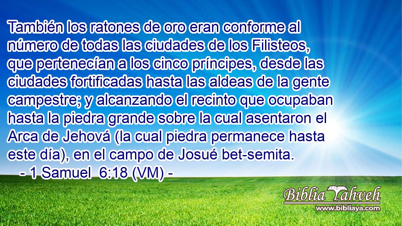  También los ratones de oro eran conforme al número de todas las ciudades de los Filisteos, que pertenecían a los cinco príncipes, desde las ciudades fortificadas hasta las aldeas de la gente campestre; y alcanzando el recinto que ocupaban hasta la piedra grande sobre la cual asentaron el Arca de Jehová (la cual piedra permanece hasta este día), en el campo de Josué bet-semita. 
