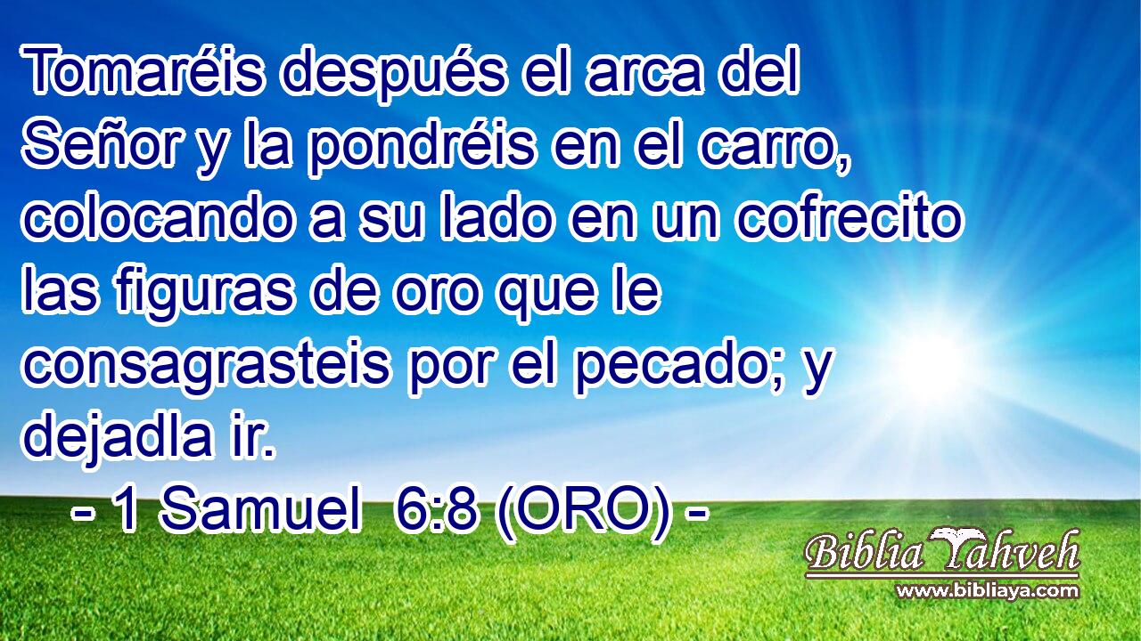  Tomaréis después el arca del Señor y la pondréis en el carro, colocando a su lado en un cofrecito las figuras de oro que le consagrasteis por el pecado; y dejadla ir. 