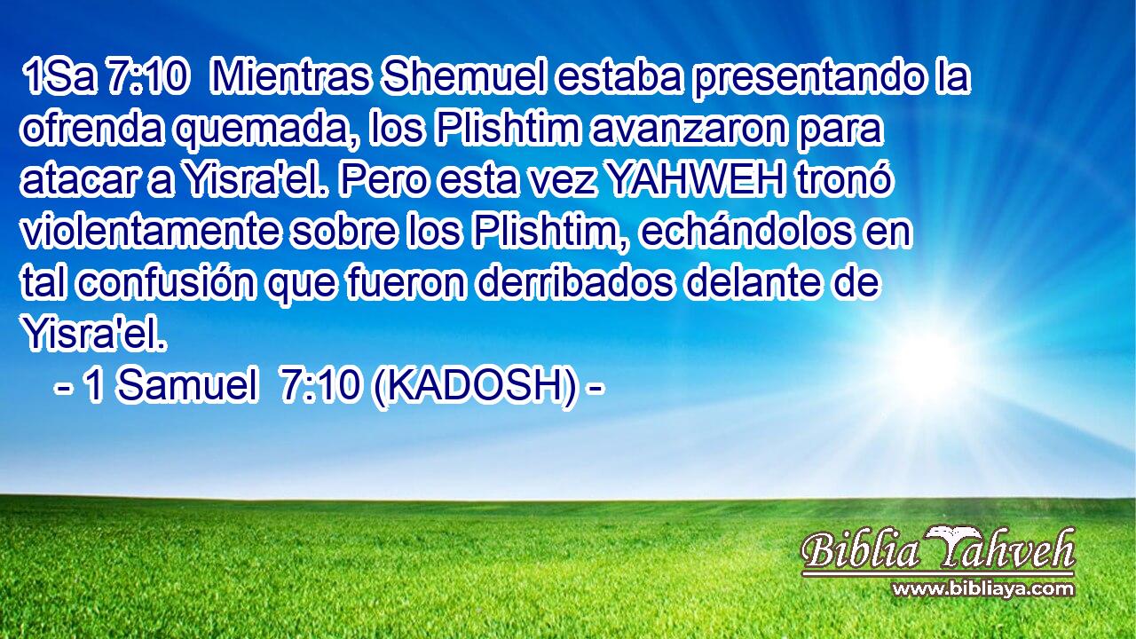  Mientras Shemuel estaba presentando la ofrenda quemada, los Plishtim avanzaron para atacar a Yisra'el. Pero esta vez YAHWEH tronó violentamente sobre los Plishtim, echándolos en tal confusión que fueron derribados delante de Yisra'el. 