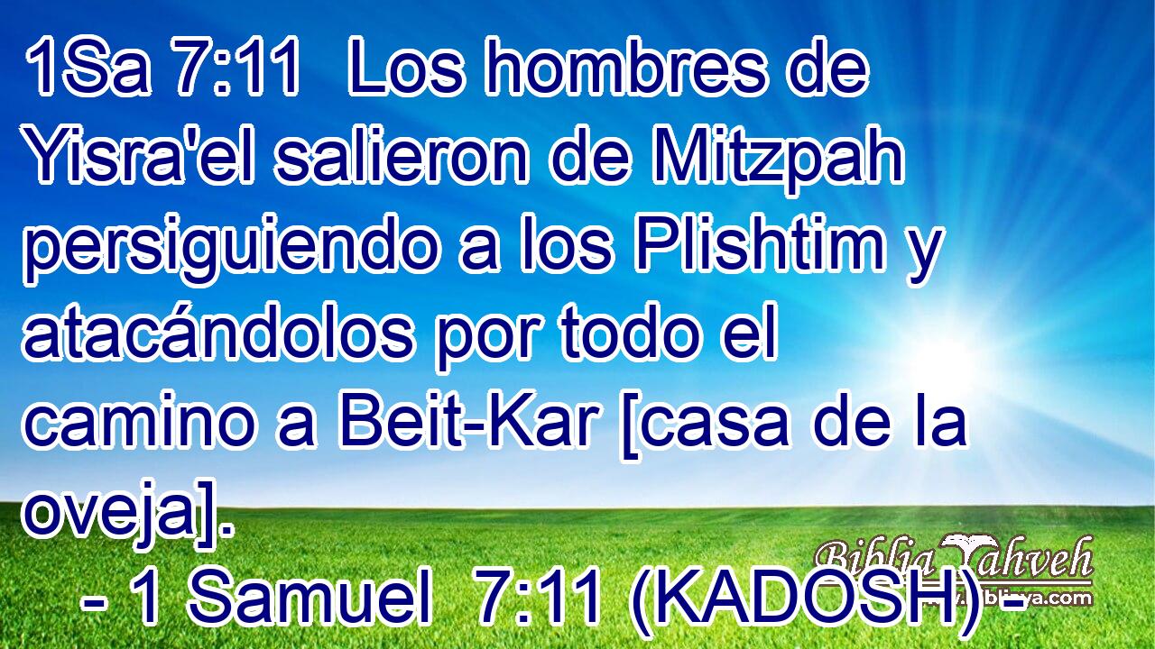  Los hombres de Yisra'el salieron de Mitzpah persiguiendo a los Plishtim y atacándolos por todo el camino a Beit-Kar [casa de la oveja]. 