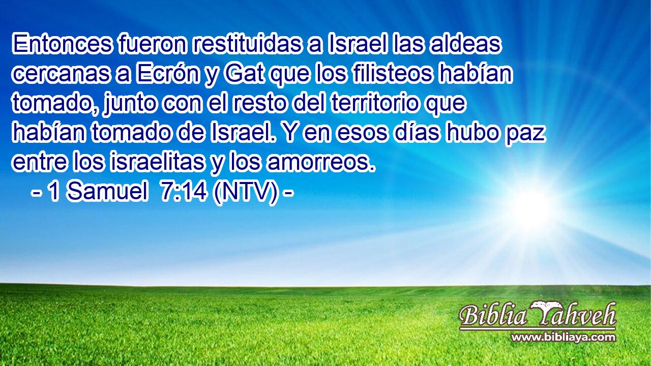 Entonces fueron restituidas a Israel las aldeas cercanas a Ecrón y Gat que los filisteos habían tomado, junto con el resto del territorio que habían tomado de Israel. Y en esos días hubo paz entre los israelitas y los amorreos.