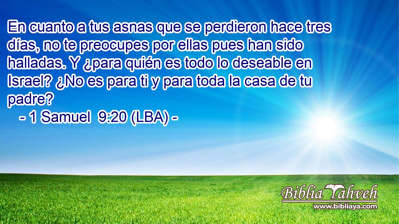 En cuanto a tus asnas que se perdieron hace tres días, no te preocupes por ellas pues han sido halladas. Y ¿para quién es todo lo deseable en Israel? ¿No es para ti y para toda la casa de tu padre?