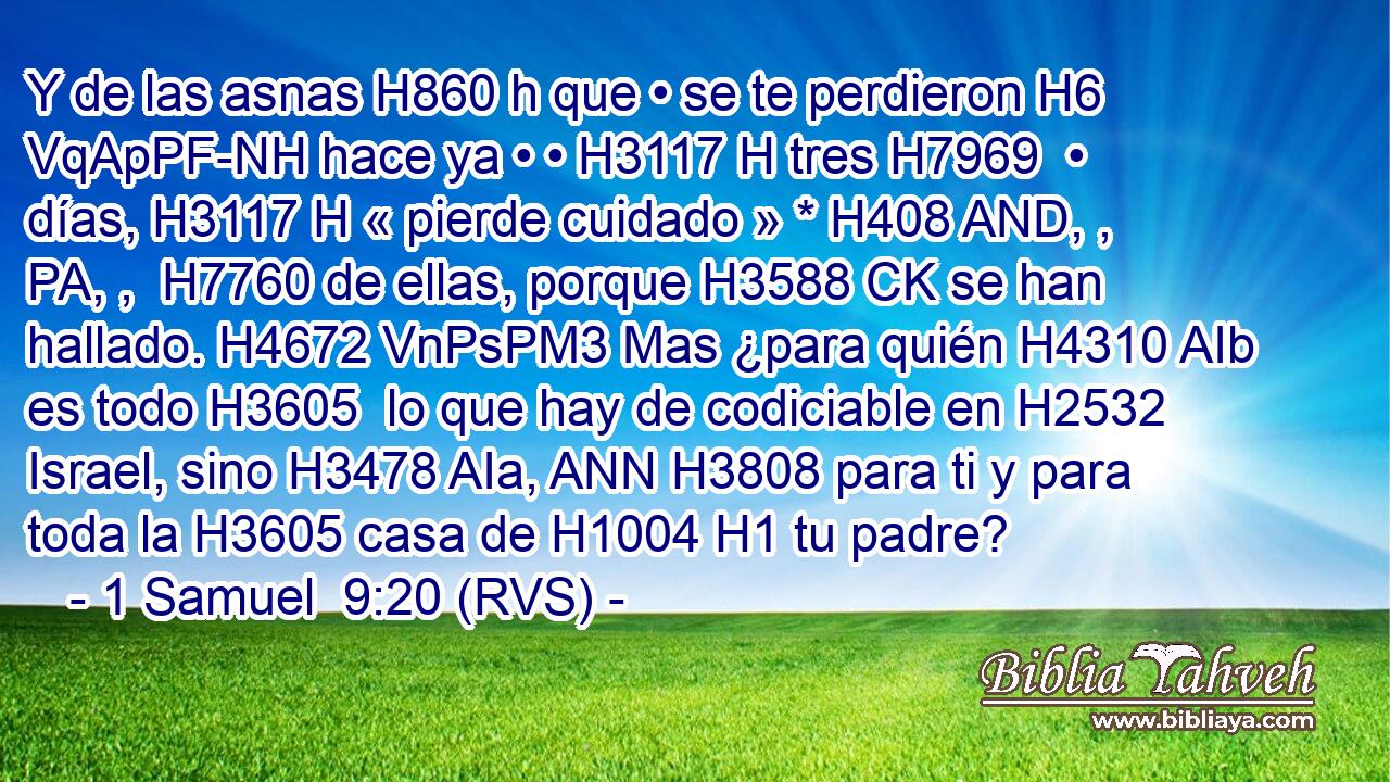 Y de las asnas H860 h que • se te perdieron H6 VqApPF-NH hace ya • • H3117 H tres H7969  • días, H3117 H « pierde cuidado » * H408 AND, , PA, ,  H7760 de ellas, porque H3588 CK se han hallado. H4672 VnPsPM3 Mas ¿para quién H4310 AIb es todo H3605  lo que hay de codiciable en H2532 Israel, sino H3478 AIa, ANN H3808 para ti y para toda la H3605 casa de H1004 H1 tu padre? 